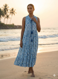 Indigo Blue Floral Hand Block Printed Cotton Tiered Maxi Dress