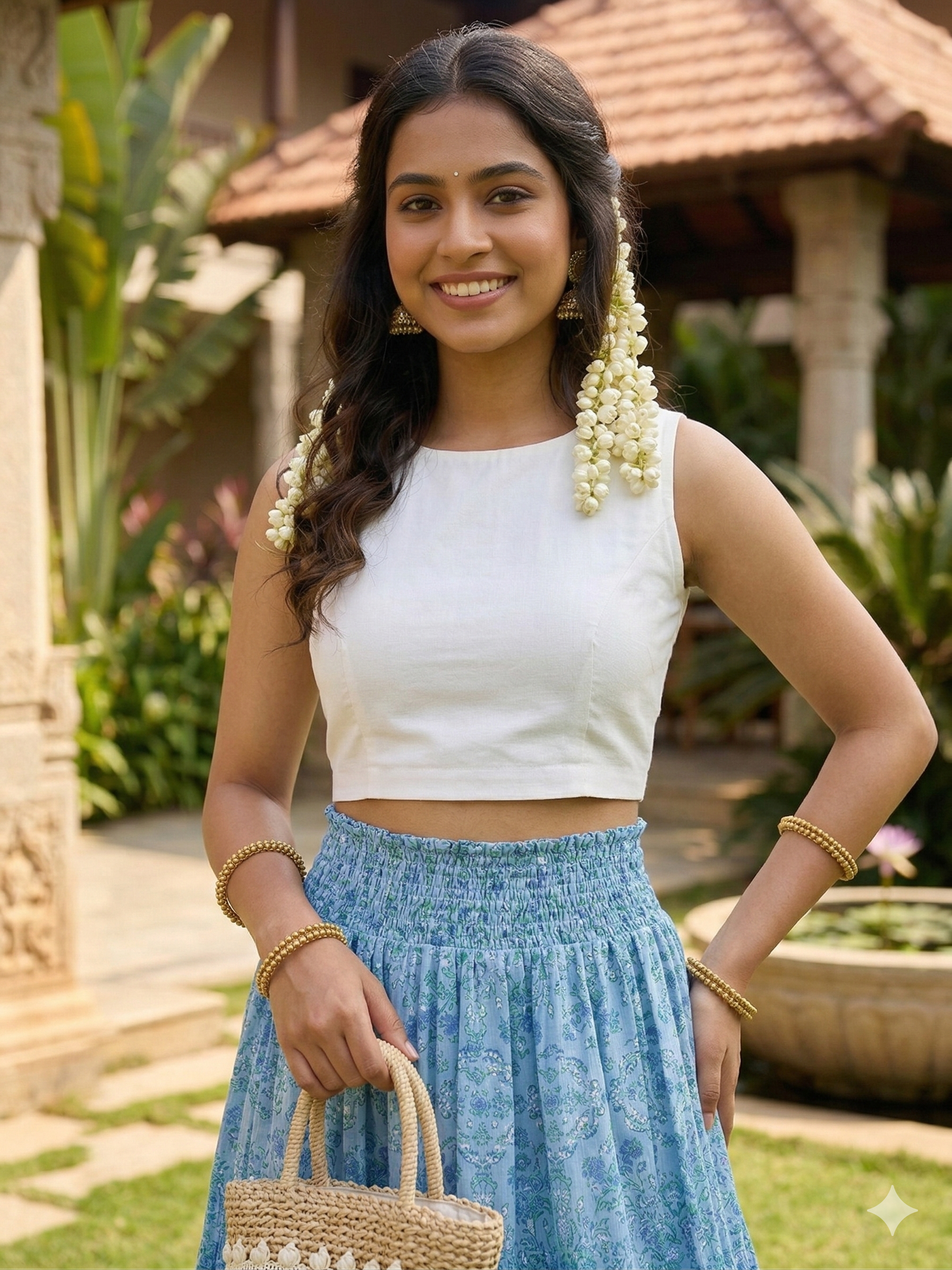 Sky Blue Floral Cotton Elastic Waist Maxi Skirt