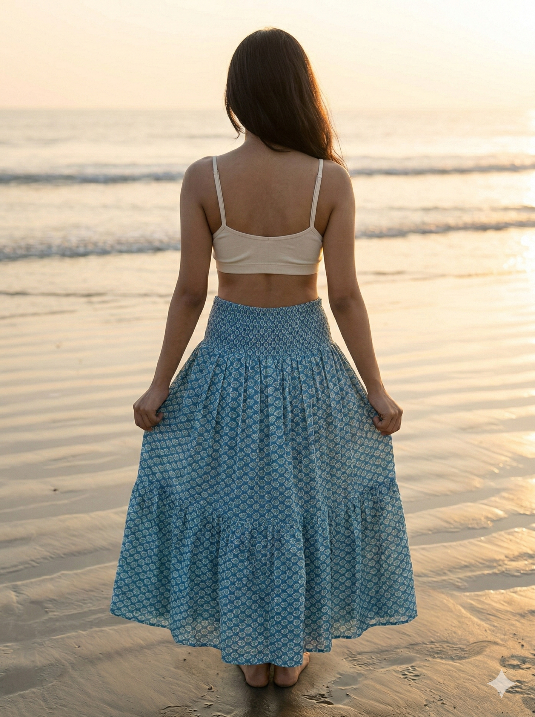Teal Buti Hand Block Printed Cotton Maxi Skirt – Smocked Waist Tiered Skirt