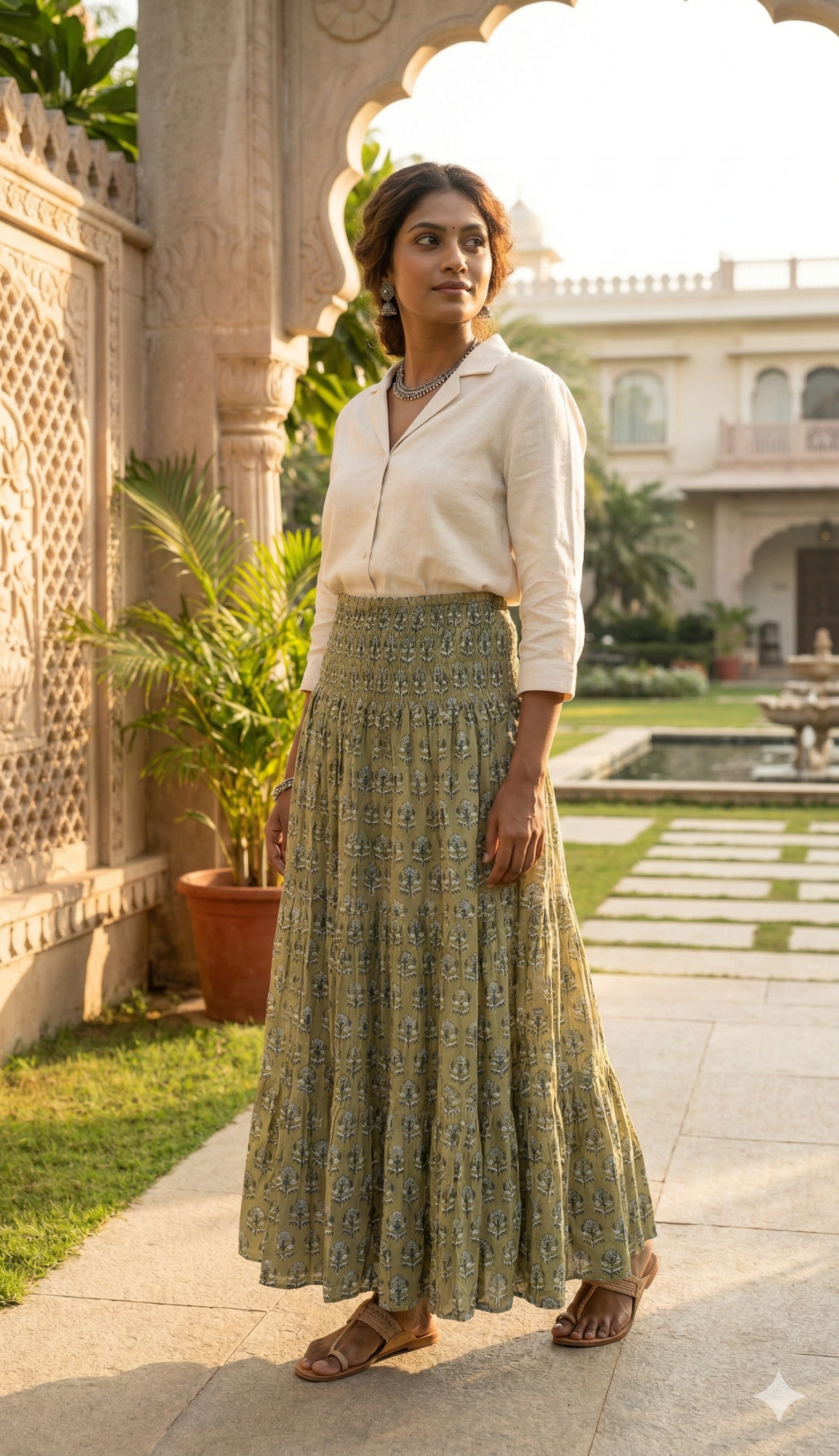 Olive Buti Hand Block Printed Cotton Maxi Skirt – Smocked Waist Tiered Skirt