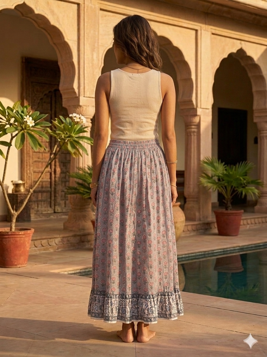 Blue Floral Hand Block Print Cotton Skirt with Tassel Waist