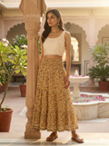 Sand Beige Leaf Hand Block Printed Cotton Maxi Skirt – Smocked Waist Tiered Skirt
