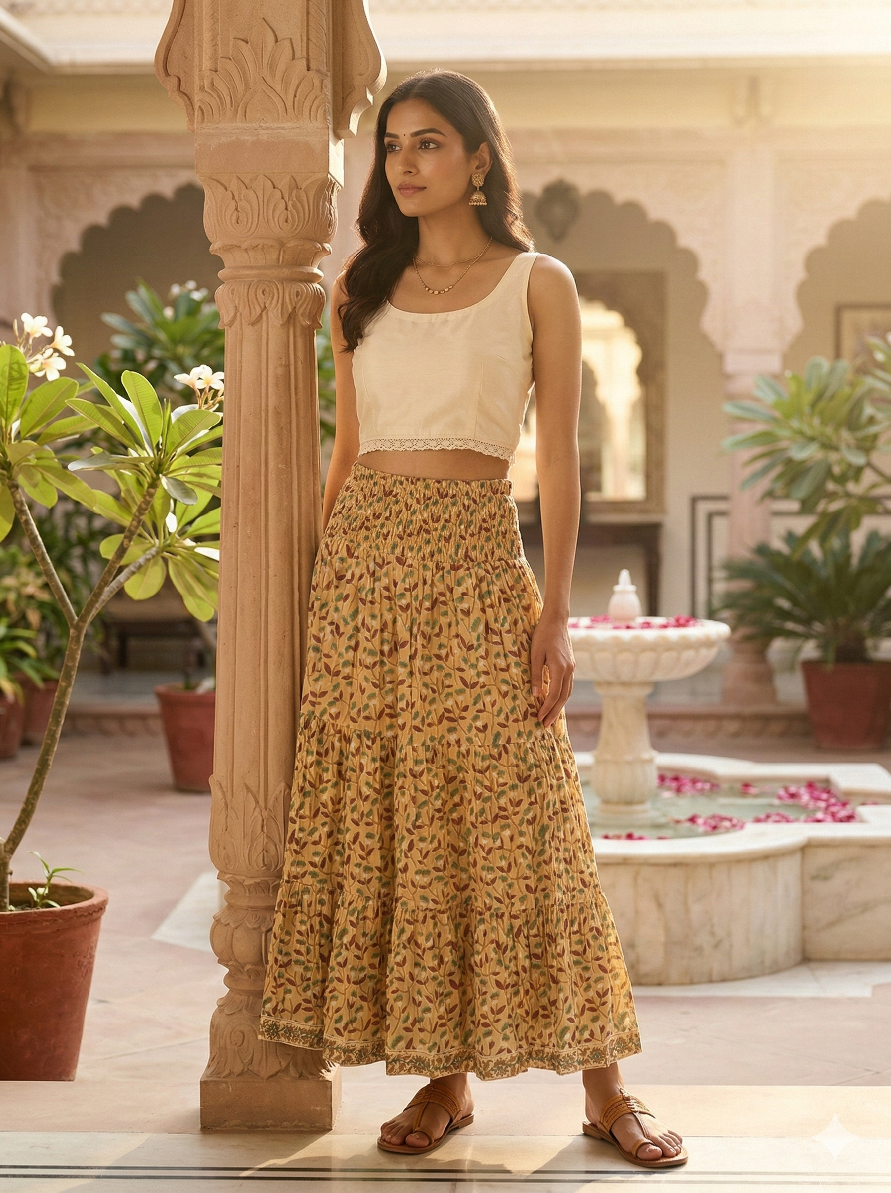 Sand Beige Leaf Hand Block Printed Cotton Maxi Skirt – Smocked Waist Tiered Skirt