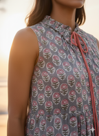 Grey & Pink Floral Hand Block Printed Cotton Tiered Beach Dress with Tassels