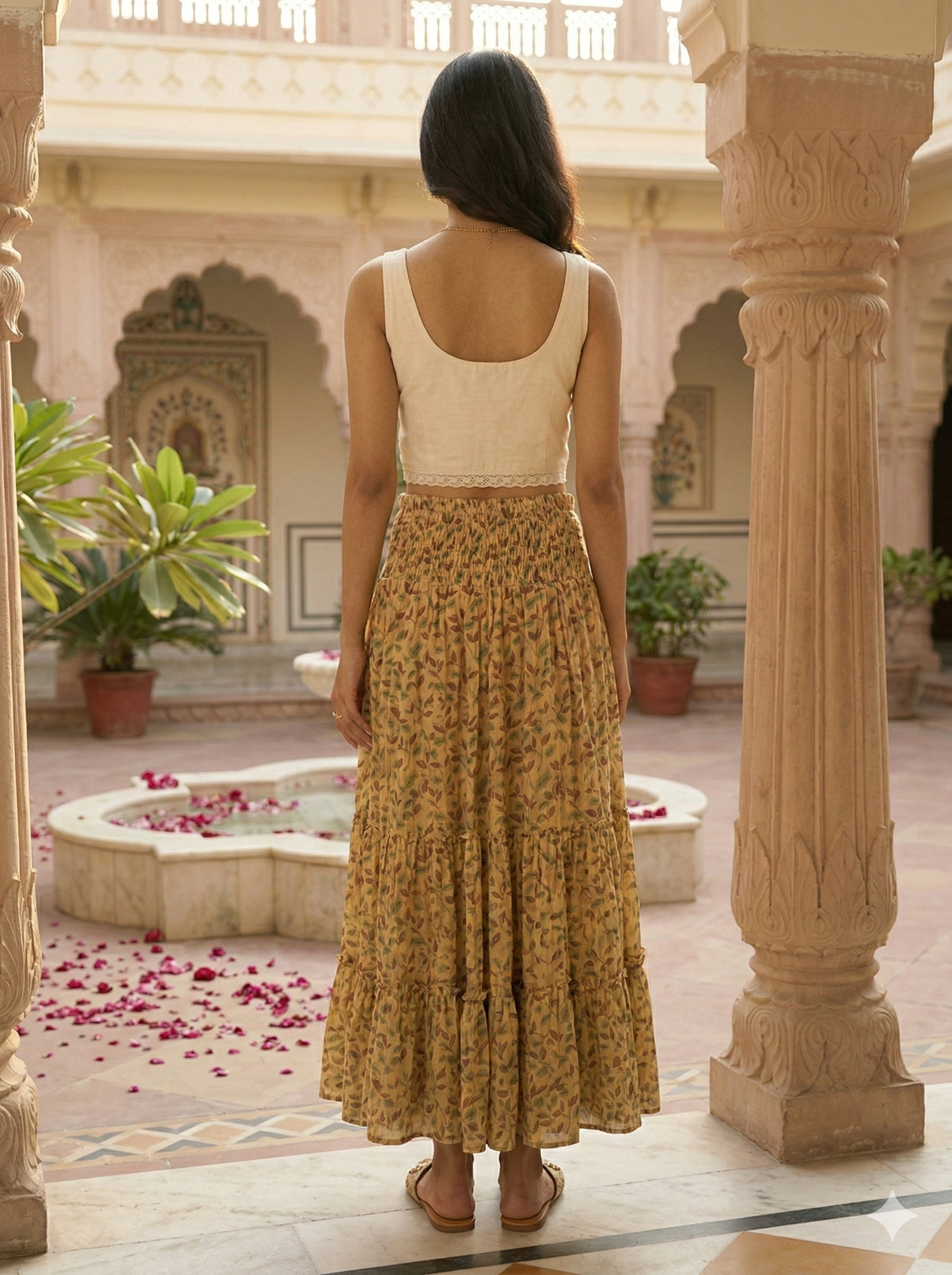 Sand Beige Leaf Hand Block Printed Cotton Maxi Skirt – Smocked Waist Tiered Skirt