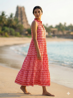 Vermillion Red Spiral Print Cotton Sleeveless Flared Maxi Dress