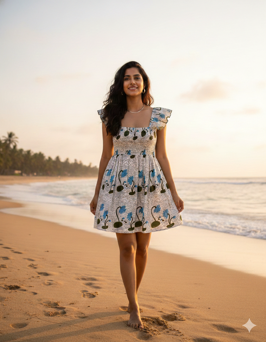 Indigo Blue Floral Hand Block Women's Tiered Mini Dress