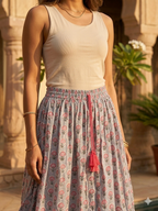 Blue Floral Hand Block Print Cotton Skirt with Tassel Waist