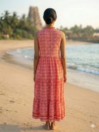 Vermillion Red Spiral Print Cotton Sleeveless Flared Maxi Dress