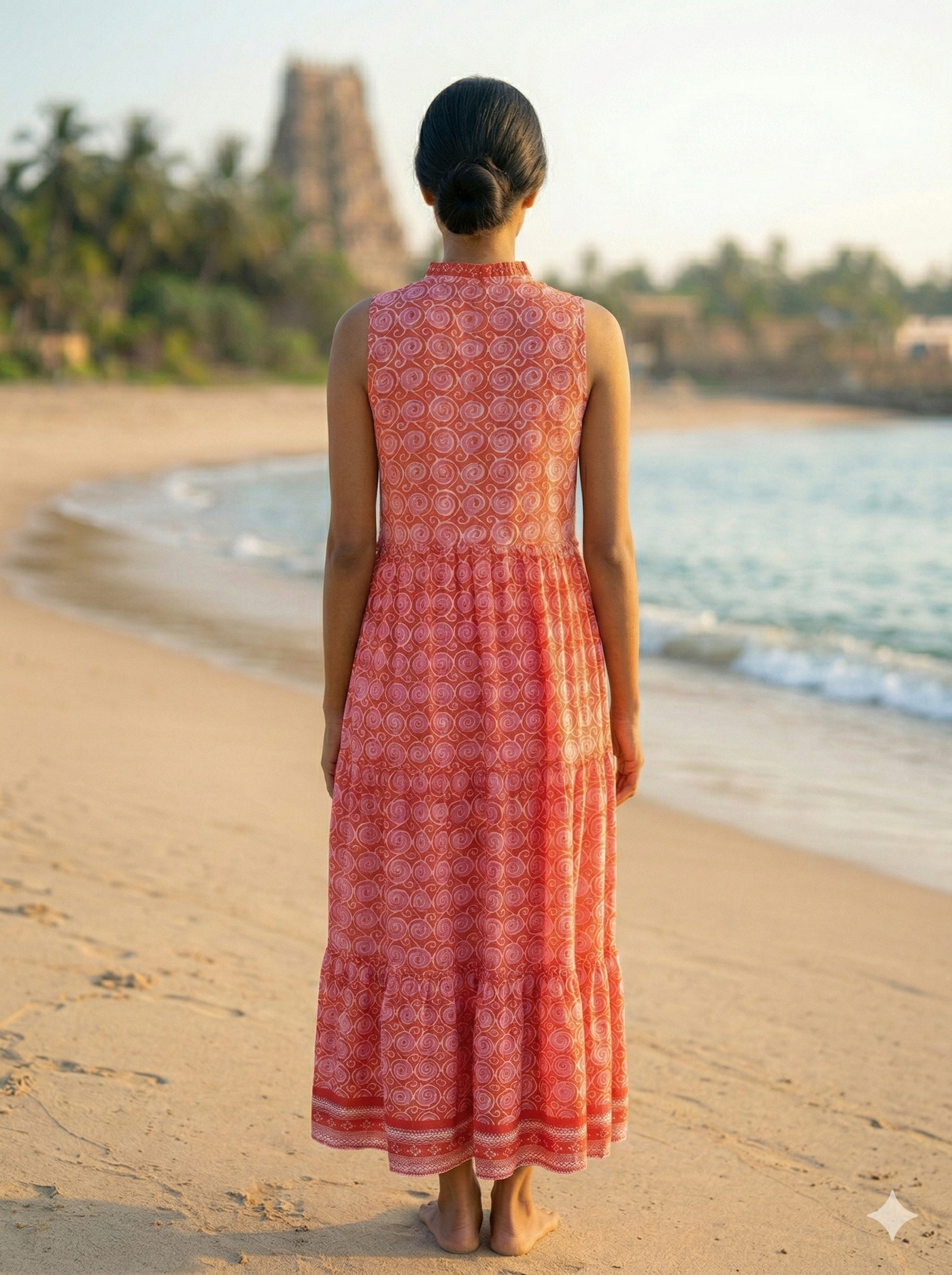 Vermillion Red Spiral Print Cotton Sleeveless Flared Maxi Dress