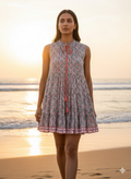 Grey & Pink Floral Hand Block Printed Cotton Tiered Beach Dress with Tassels