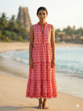 Vermillion Red Spiral Print Cotton Sleeveless Flared Maxi Dress