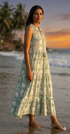 Sage Green Ethnic Floral Cotton Maxi Dress with Gathered Silhouette