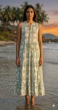 Sage Green Ethnic Floral Cotton Maxi Dress with Gathered Silhouette