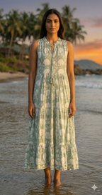 Sage Green Ethnic Floral Cotton Maxi Dress with Gathered Silhouette