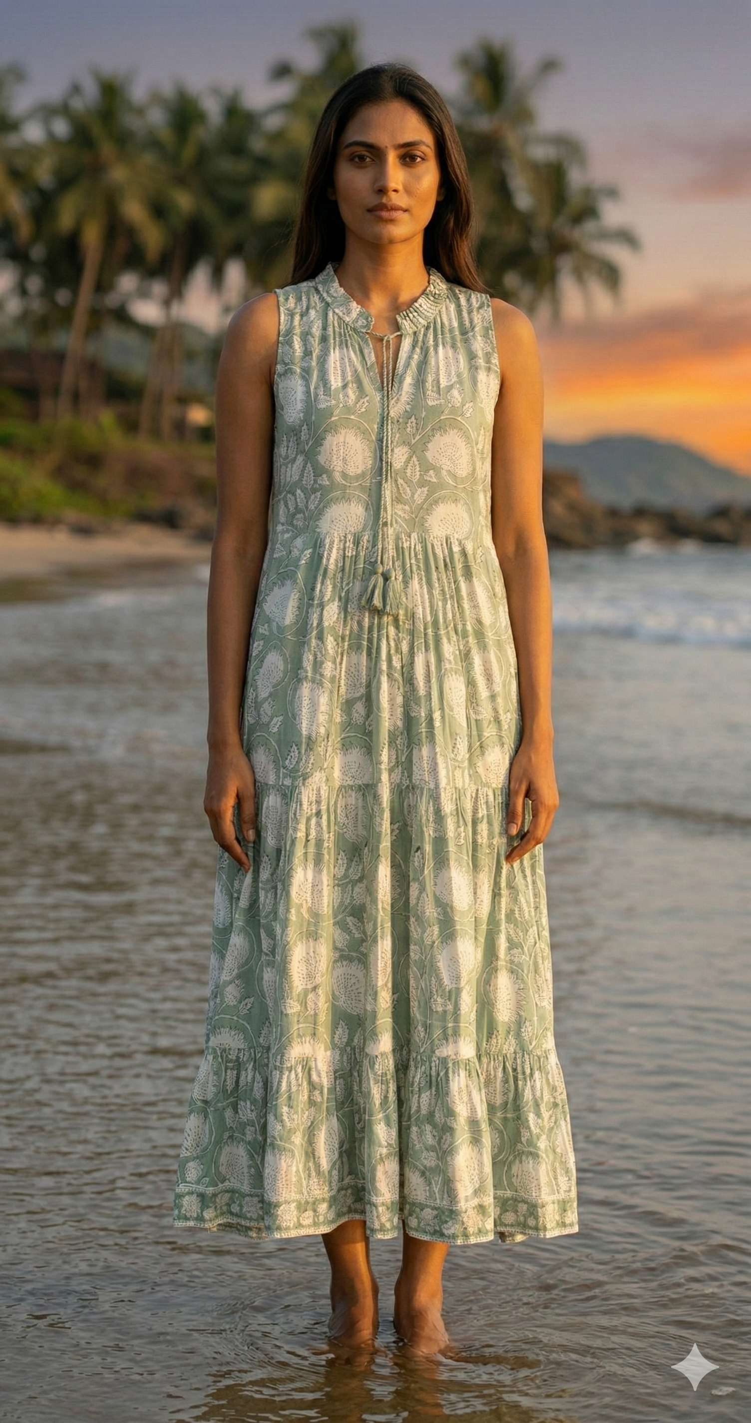 Sage Green Ethnic Floral Cotton Maxi Dress with Gathered Silhouette