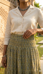 Olive Buti Hand Block Printed Cotton Maxi Skirt – Smocked Waist Tiered Skirt