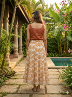 Rustic Leaf Handcrafted Cotton Maxi Skirt – Elastic Drawstring Waist Tiered Style