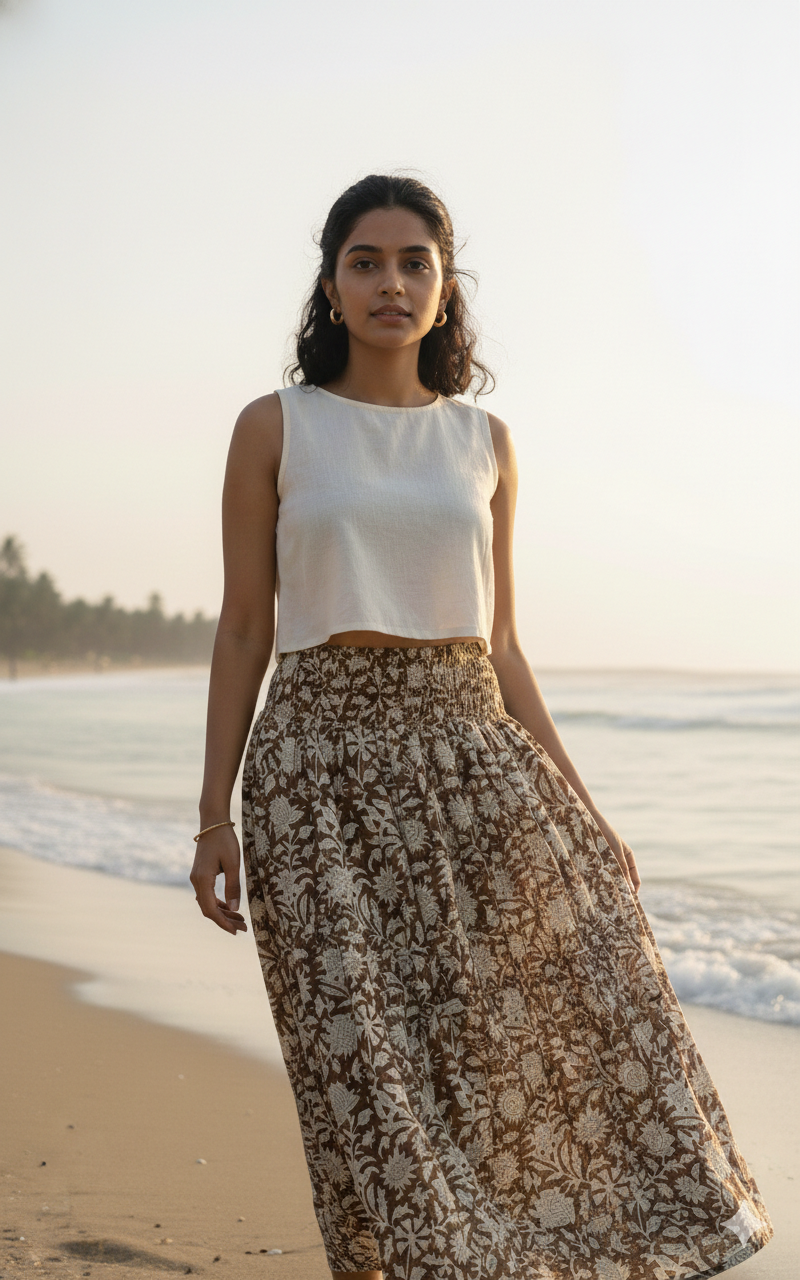 Brown & Beige Floral Hand-Block Print Full-Length Tiered Skirt