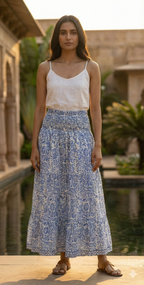 Indigo Jaal Hand Block Printed Cotton Maxi Skirt – Smocked Waist Boho Tiered Flow