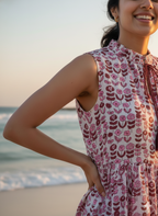 Pink & Mauve Floral Hand Block Print Boho Mini Dress