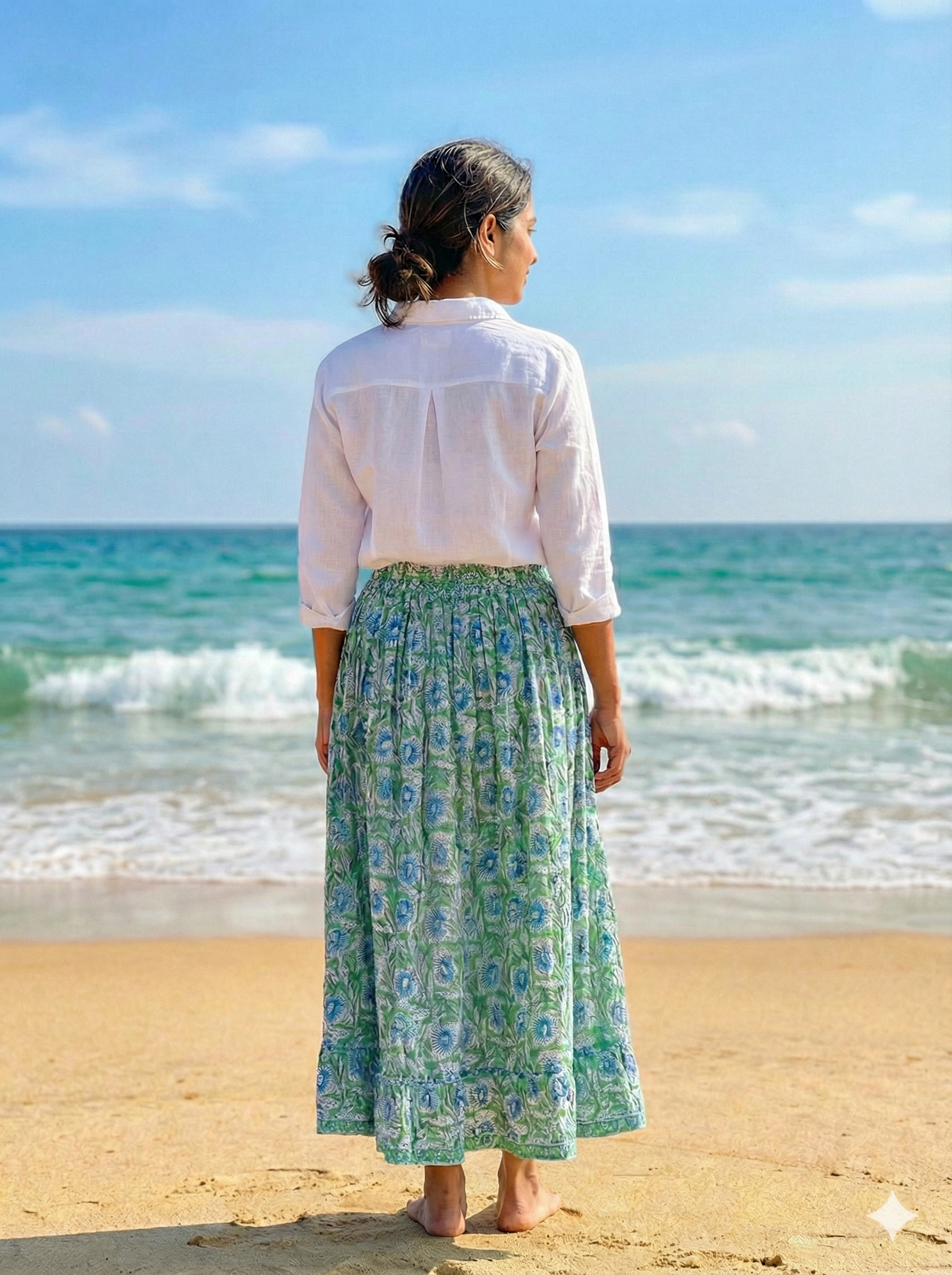 Green Hand Block Printed Cotton Flared Skirt with Tassel Tie-Up
