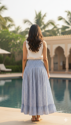Blue Printed Cotton A-Line Full-Length Skirt with Smocked Waistband