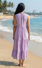 Lavender Floral Hand Block Printed Tiered Maxi Dress