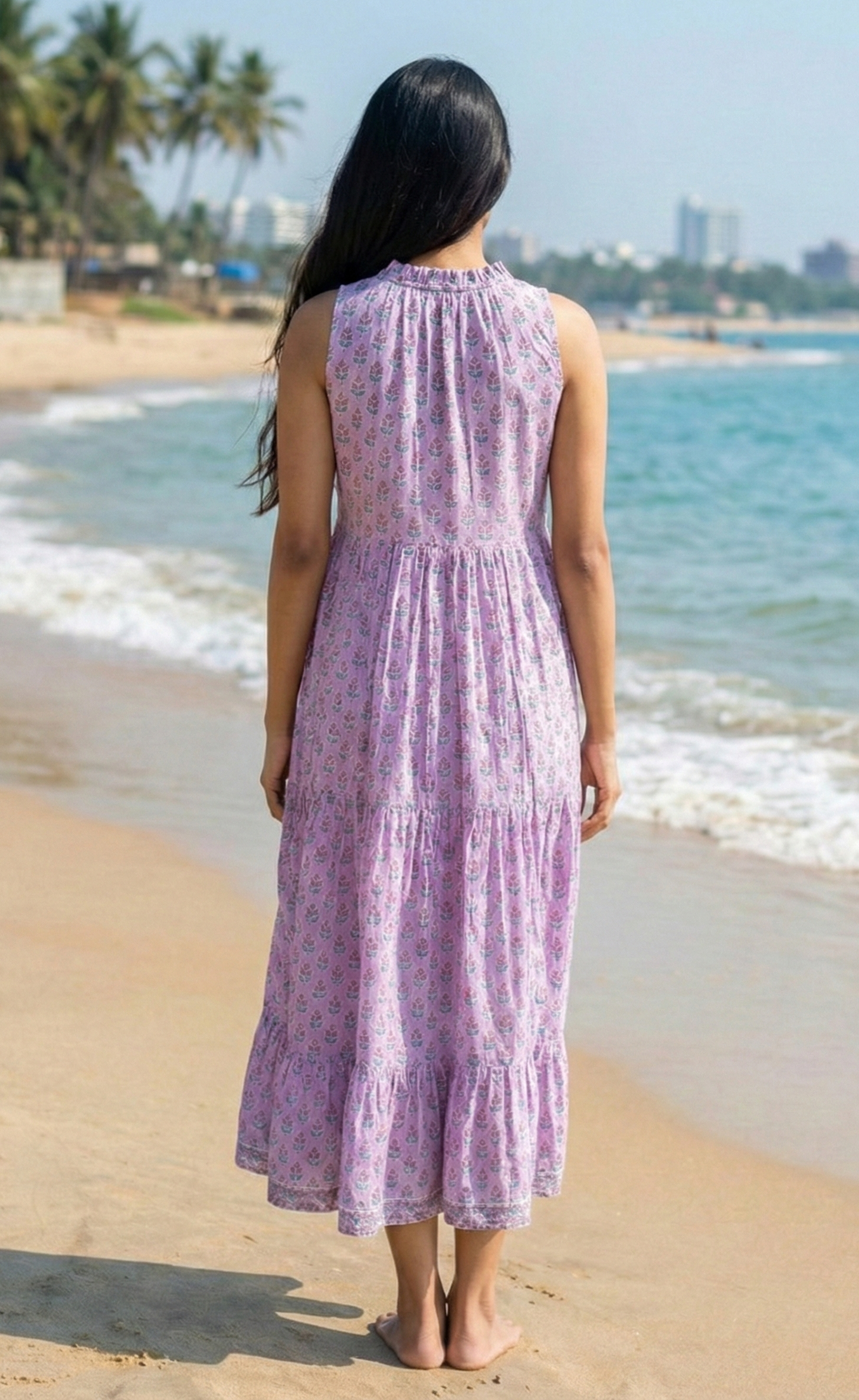 Lavender Floral Hand Block Printed Tiered Maxi Dress