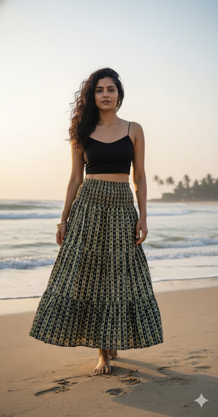 Maze Hand Block Printed Cotton Tiered Maxi Skirt – Smocked Waist Boho Flared Skirt