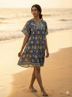 Artisan Indigo Sunflower Hand Block Printed Mini Dress