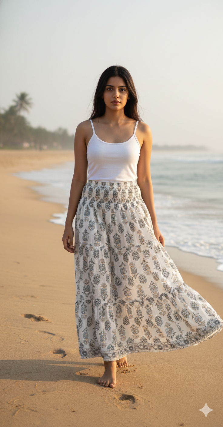 Grey Floral Tiered Cotton Maxi Skirt – Morning Breeze