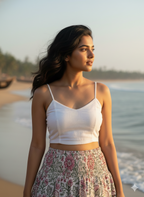 Off-White Floral Handcrafted Cotton Tiered Maxi  Skirt – Smocked Waist Boho Skirt