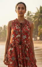 Rimson Floral Hand-Block Cotton Dress with Ruffled Hem