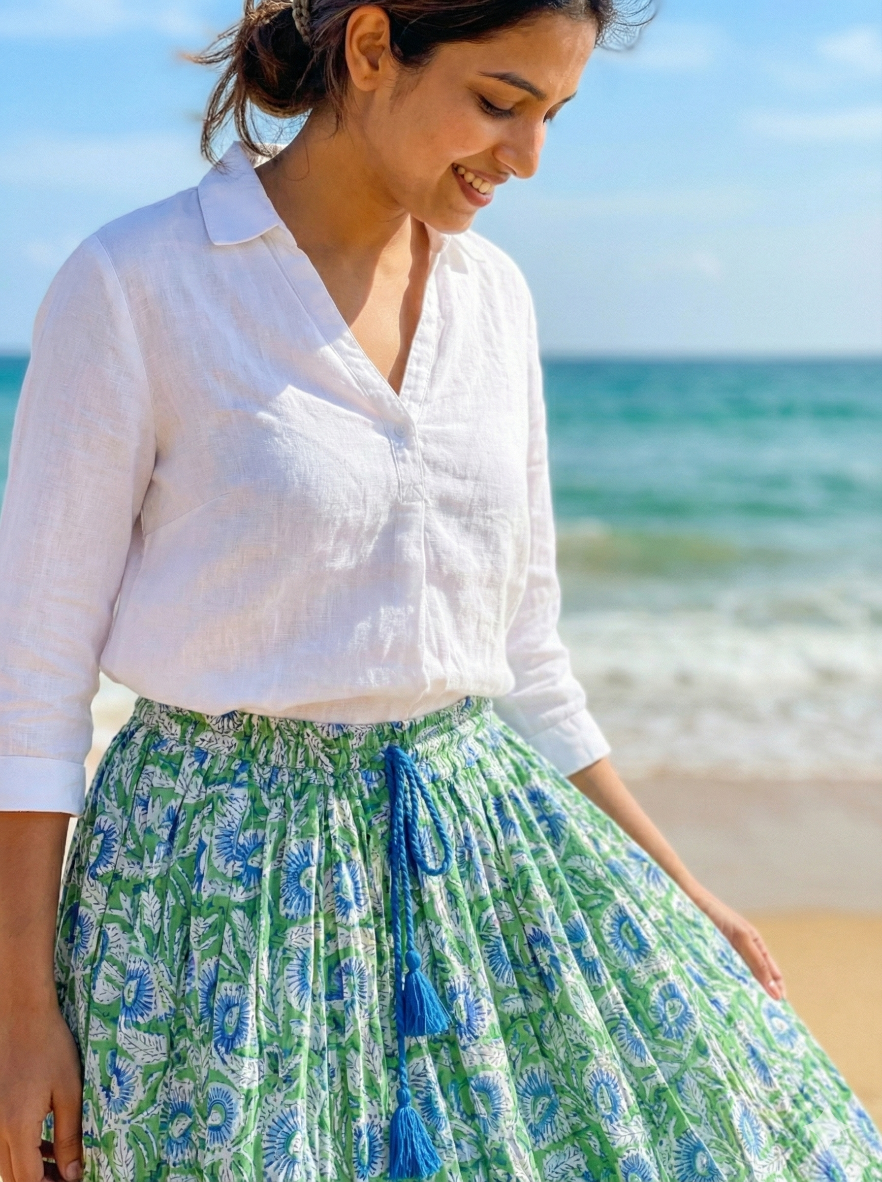Green Hand Block Printed Cotton Flared Skirt with Tassel Tie-Up