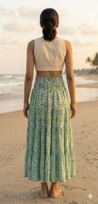 Meadow Green Floral Hand Block Printed Cotton Maxi Skirt – Smocked Waist Tiered Skirt
