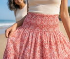 Coral Red Geometrical Block Print Cotton Maxi Skirt