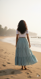 Emerald Maze Hand Block Printed Cotton Flared Maxi Skirt