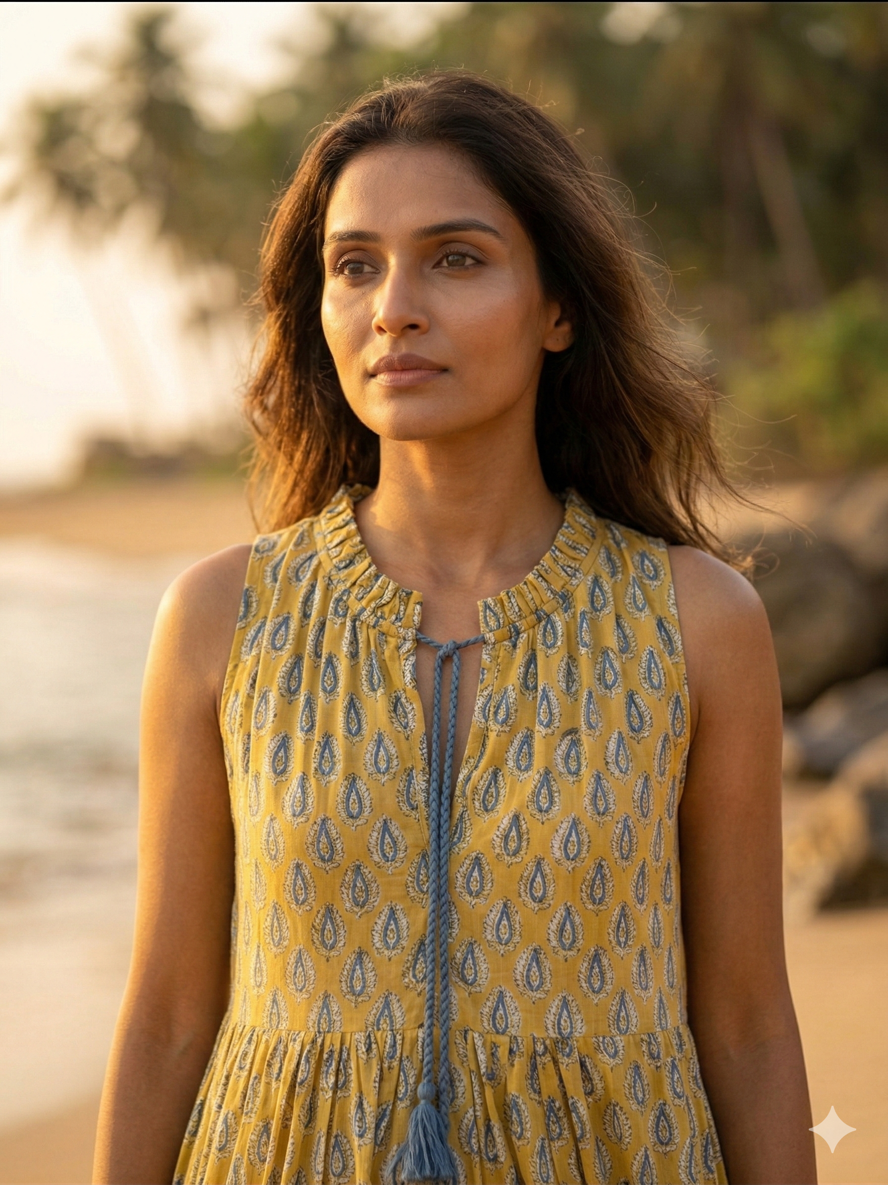 Golden Ochre Hand-Block Style Sleeveless Resort Dress