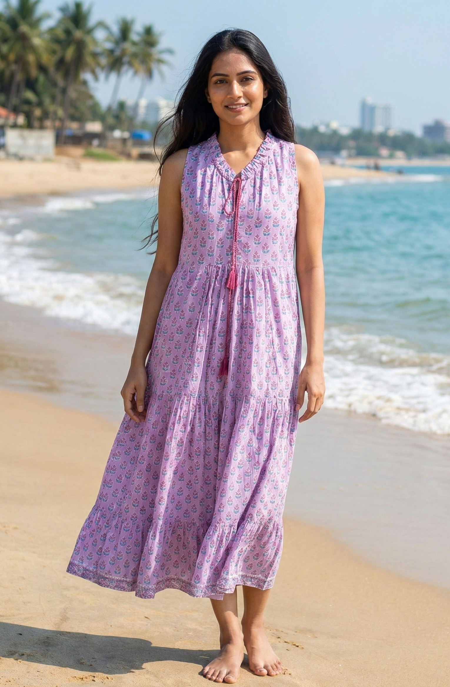 Lavender Floral Hand Block Printed Tiered Maxi Dress