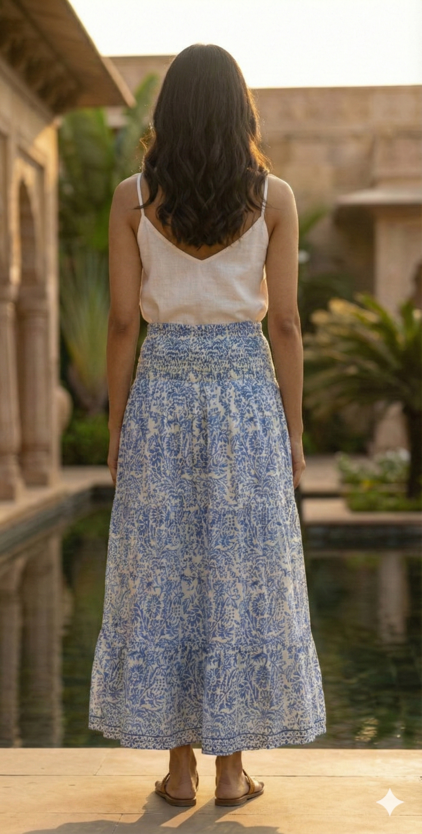 Indigo Jaal Hand Block Printed Cotton Maxi Skirt – Smocked Waist Boho Tiered Flow