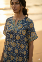 Artisan Indigo Sunflower Hand Block Printed Mini Dress