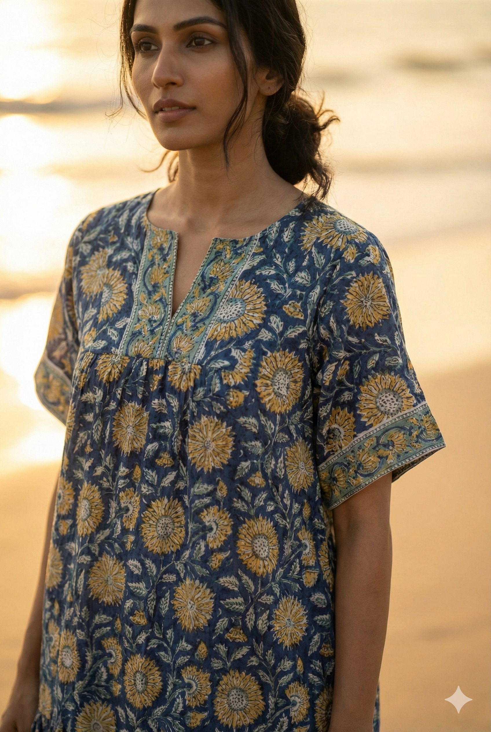 Artisan Indigo Sunflower Hand Block Printed Mini Dress