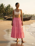 Pink Schiffli Embroidered Cotton Tiered Maxi Skirt