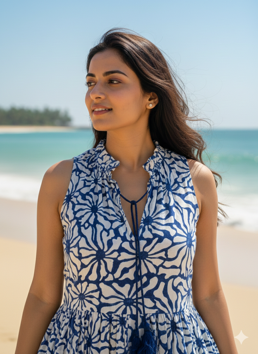 Artisanal Blue Floral Hand Block Stamped Cotton Mini Dress