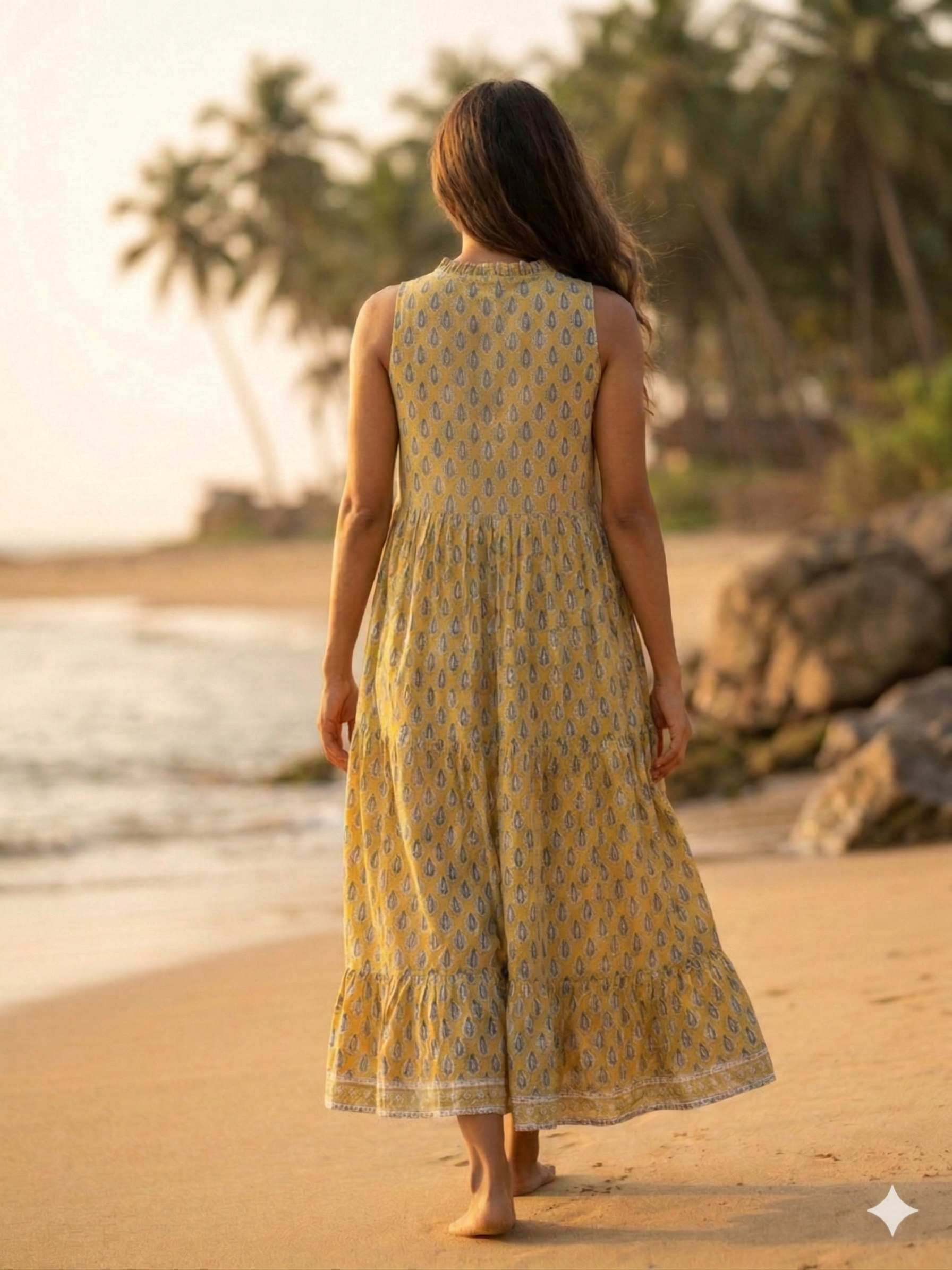 Golden Ochre Hand-Block Style Sleeveless Resort Dress