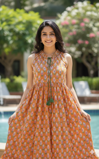 Mustard Hand Block Printed Cotton Maxi Dress with Tassel Tie-Up