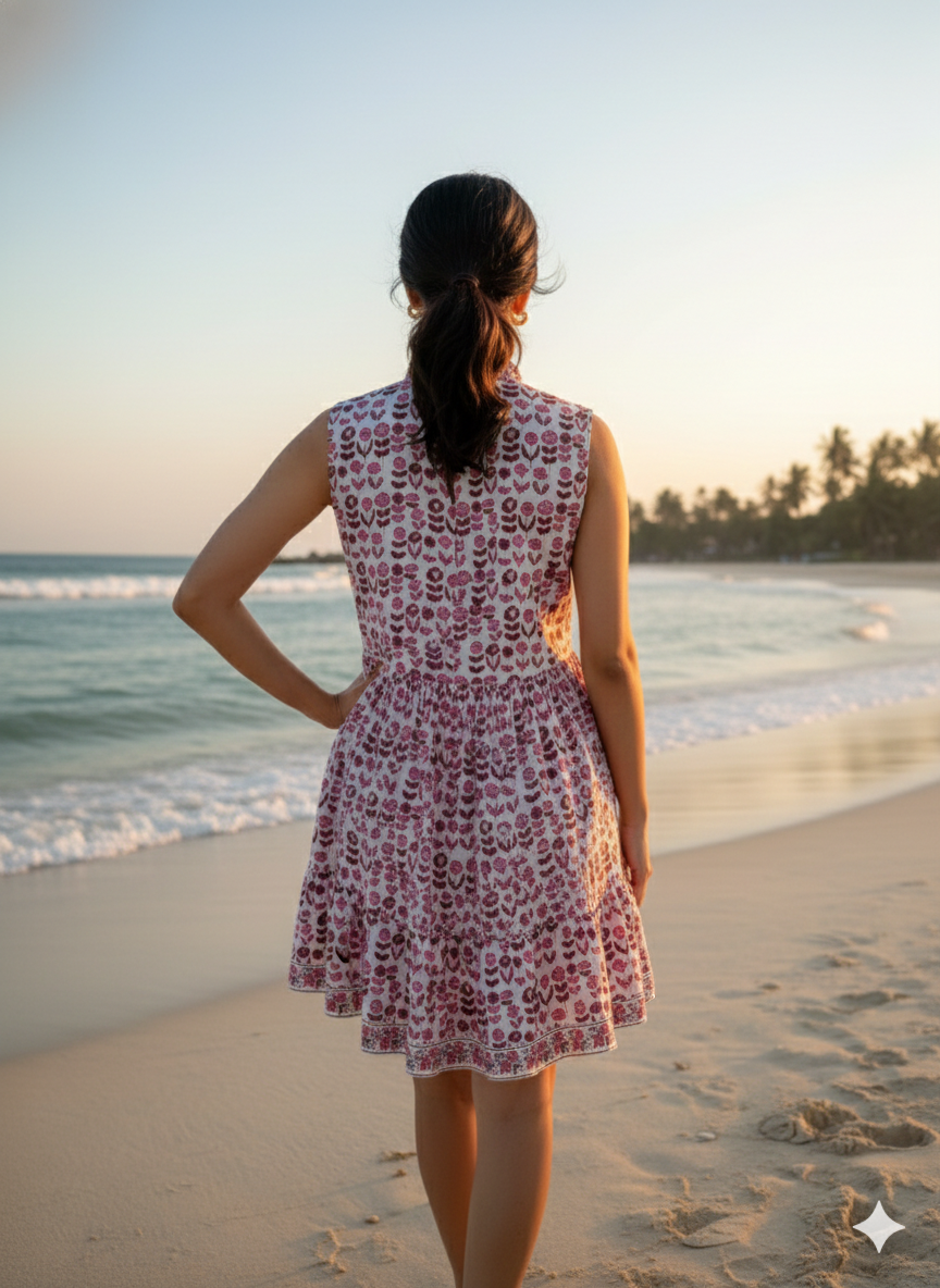 Pink & Mauve Floral Hand Block Print Boho Mini Dress