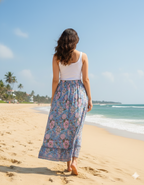 Sky Blue Hand Block Printed Cotton Flared Skirt with Tassel Tie-Up