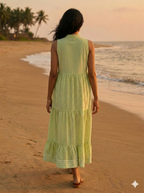 Pistachio Green Gingham Cotton Tiered Maxi Dress with Tassel Tie-Up